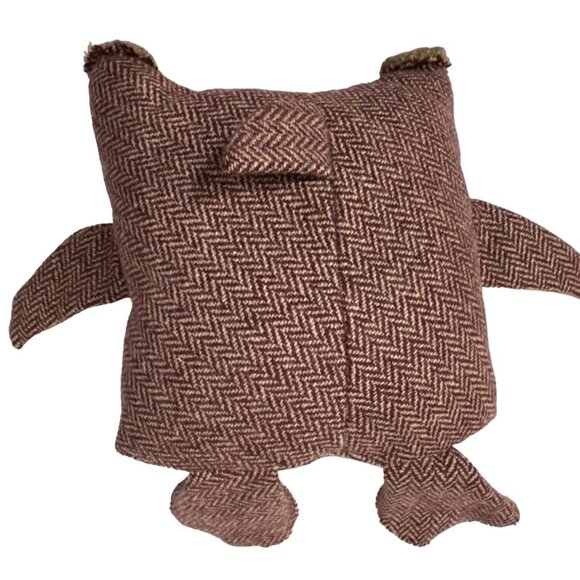 Handmade Owl Plush Toy Brown Herringbone Pattern & Button Eyes 8.5 in Vintage - Picture 2 of 9